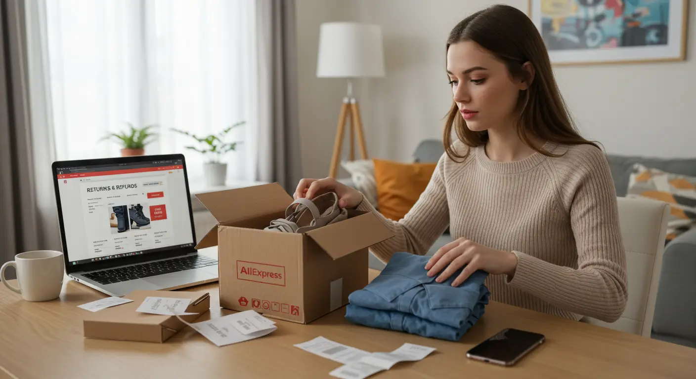 A woman sits at a table with a laptop, surrounded by shopping bags and boxes, checking the return policy for clothing and shoes on AliExpress.