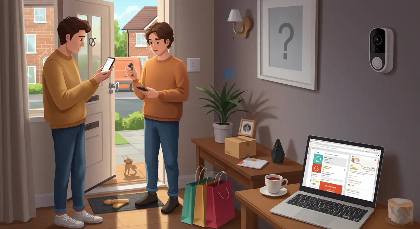 A woman stands at her front door looking confused, holding her phone and checking for a package that is not on the doorstep, with a