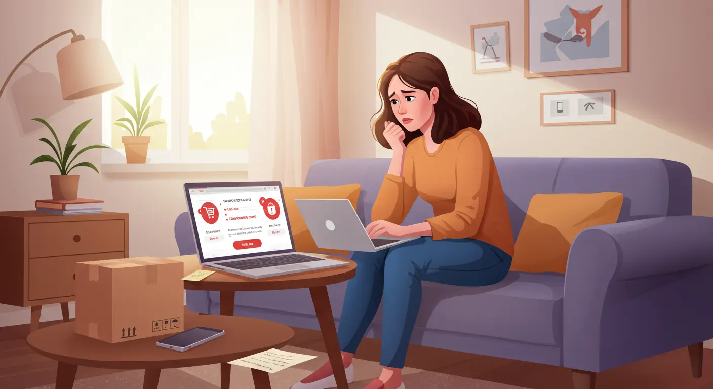 A worried online shopper sits at a desk with a laptop, checking their order status and looking concerned about a missing package.