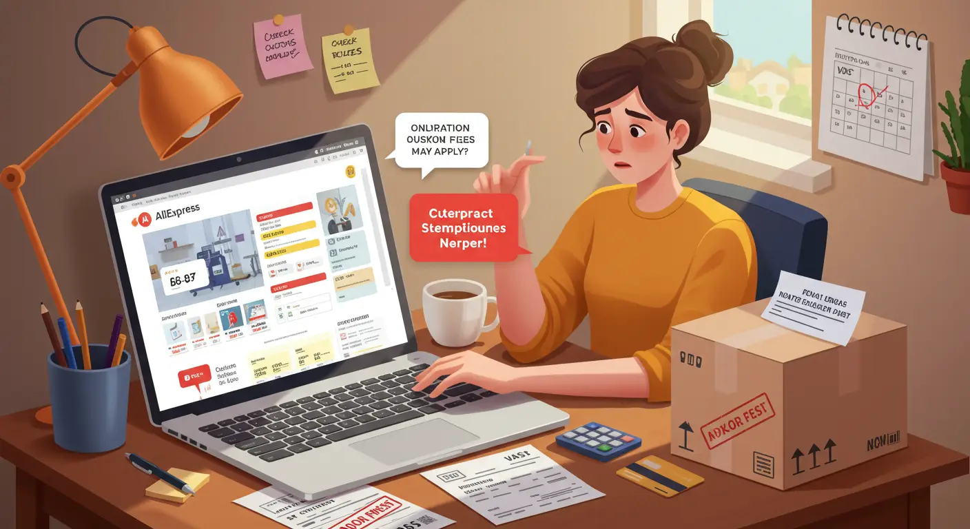 A worried shopper reviews an Aliexpress order on a laptop, surrounded by packages marked with customs fee notices and red warning symbols.