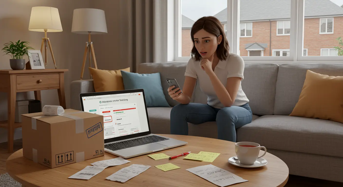 A worried woman checks her laptop and smartphone, surrounded by shopping bags and a small UK flag, indicating concern about her delayed AliExpress package.