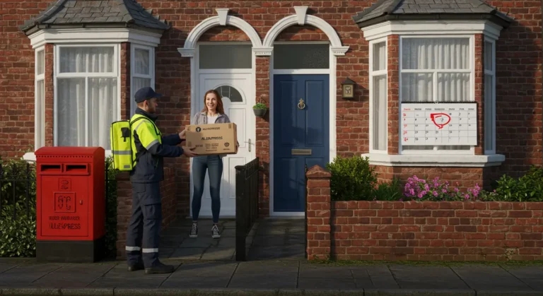 Aliexpress 10-Day Delivery to UK: shoppers receiving parcels quickly, checking orders online, highlighting fast shipping and efficient online shopping experience.