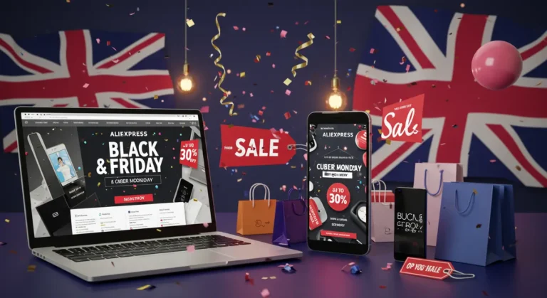 Excited shoppers browse exclusive Aliexpress Black Friday and Cyber Monday online deals in the UK, enjoying discounts, flash sales, and fast delivery on top products.