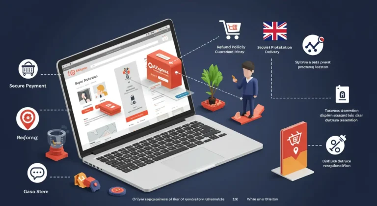 Aliexpress Buyer Protection infographic for UK shoppers, illustrating secure online shopping, refund policies, dispute resolution, and safe purchasing process on the platform.