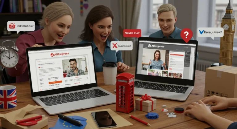 Aliexpress online gift shopping: UK buyers compare wide selection, affordable prices, long delivery times, and potential customs fees in a digital marketplace.