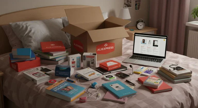 Students browsing Aliexpress deals on laptops and gadgets, comparing prices on a laptop for affordable online shopping and budget-friendly purchases.