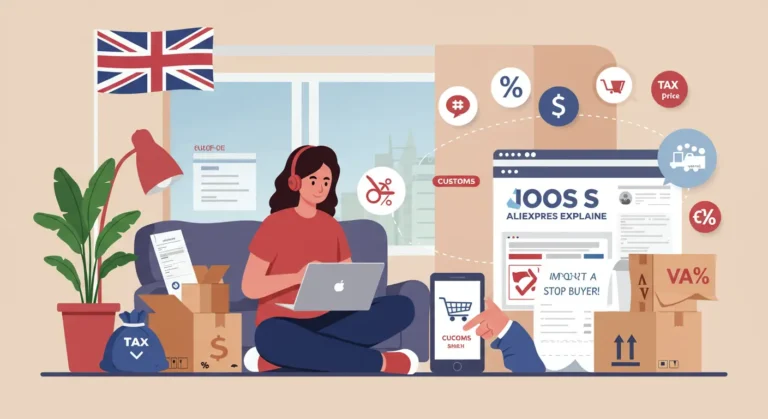 Aliexpress online shopping cart, UK flag, and IOSS icon highlighting new VAT rules affecting British buyers from July 2021 onwards.