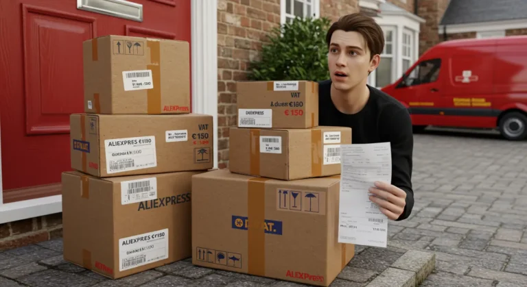 Aliexpress online shopping cart displaying items under €150, with VAT tax question mark and UK flag, highlighting concerns about taxes for British buyers.
