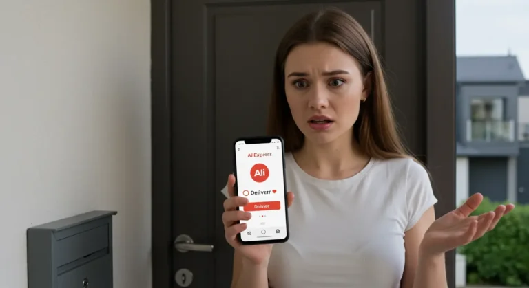 A frustrated online shopper checking an empty mailbox and tracking delivery status on a smartphone, worried about a missing Aliexpress parcel.