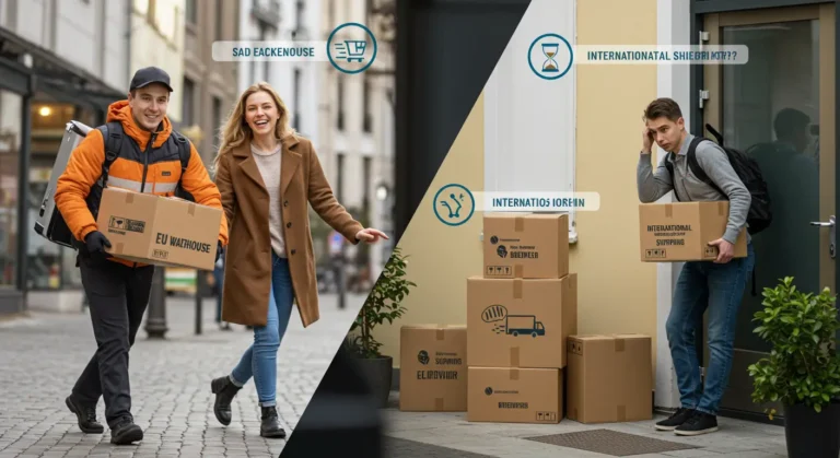 Aliexpress delivery truck and EU warehouses icons highlight speedy shipping, emphasising faster online shopping and quick delivery across Europe from local warehouses.