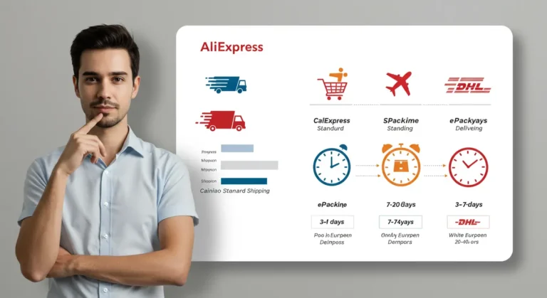 Comparison chart of AliExpress shipping methods, highlighting delivery times for Standard, Premium, and Economy options for online shopping to the UK.