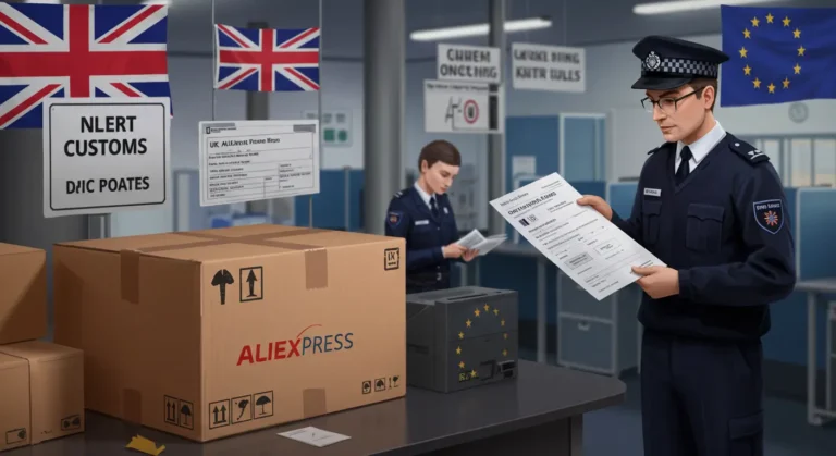 Online shopper receives Aliexpress parcel, inspects new UK customs charges and paperwork after Brexit, highlighting changes in import rules and delivery processes.