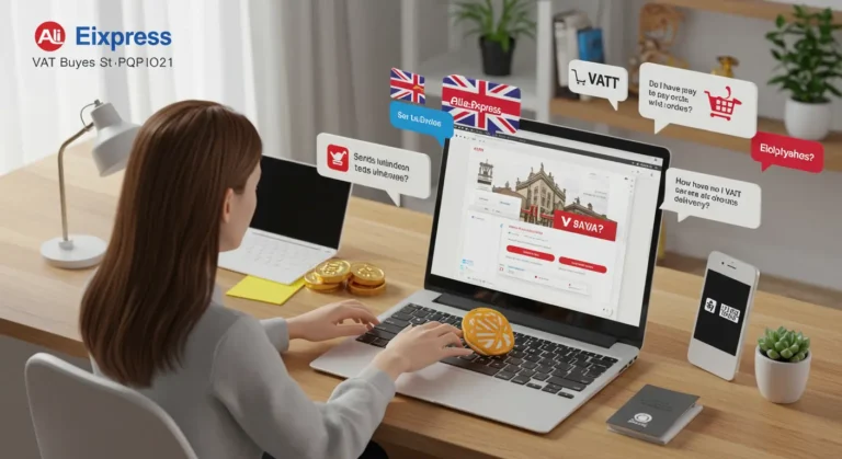 AliExpress VAT FAQs for UK buyers, highlighting online shopping, VAT rates, invoice details, and tax policies, with icons for questions, shopping cart, and British flag.