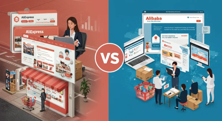 AliExpress and Alibaba platforms comparison highlighting differences in online shopping, target users, product quantities, and pricing for UK consumers.