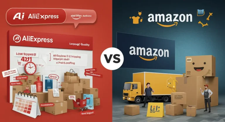 AliExpress vs Amazon: Comparing price, shipping times, and product quality for online shopping, highlighting key differences for UK consumers in a single infographic.