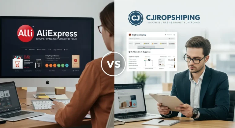 AliExpress and CJDropshipping logos side by side, comparing features for online shopping businesses, with shopping carts, packages, and digital devices in the background.