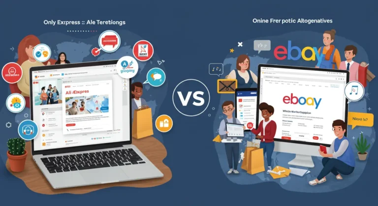 AliExpress and eBay logos side by side, shopping carts, mobile devices, and price tags symbolising online shopping comparison for buyers.