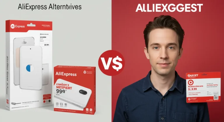 AliExpress and Target logos side by side, with shopping carts, product images, and price tags, illustrating a comparison of online shopping quality and prices.