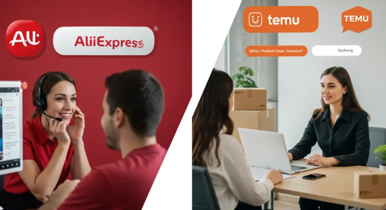 AliExpress and Temu logos side by side with shoppers comparing customer service options on digital devices, highlighting online shopping platform competition.