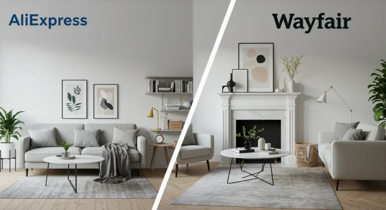 AliExpress and Wayfair websites side by side, showcasing furniture and home goods options for online shopping comparison, highlighting price and style differences.