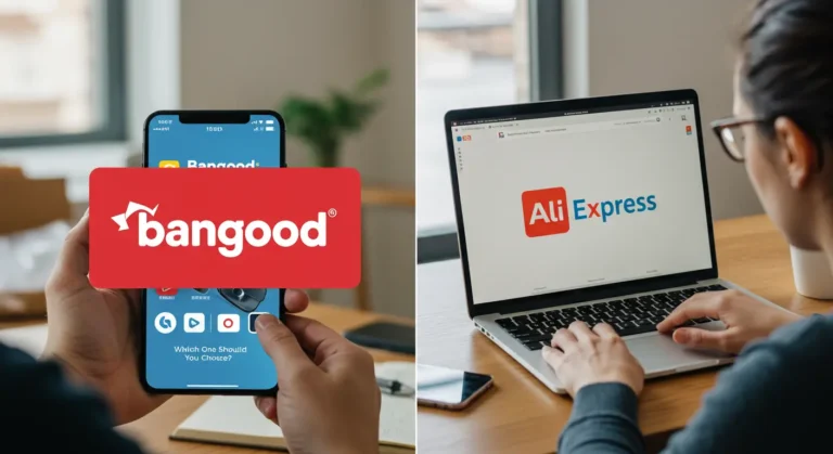 Comparison of Banggood and AliExpress logos on a split screen with shopping carts, highlighting differences in online shopping platforms and customer choices.