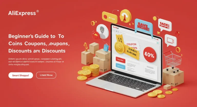 Aliexpress app on smartphone screen displaying coins, coupons, and discount offers, with shopping bags and credit card, highlighting online shopping savings for beginners.