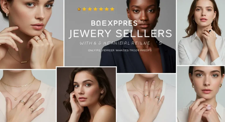 Top-rated AliExpress jewellery sellers, genuine customer reviews, sparkling rings and necklaces, online shopping interface, trusted UK buyers exploring affordable accessories.