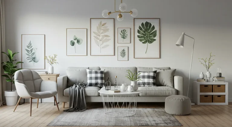 Modern living room with stylish budget home decor accents, laptop displaying AliExpress website, vibrant cushions, plants, and trendy wall art. Online shopping inspiration 2025.