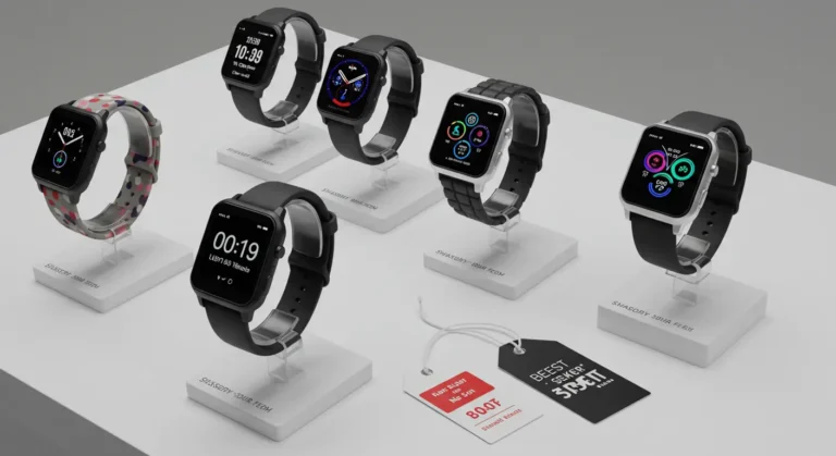 Affordable smartwatches displayed on a laptop screen, highlighting top Aliexpress sellers for online shopping, featuring product listings, prices, and customer ratings.