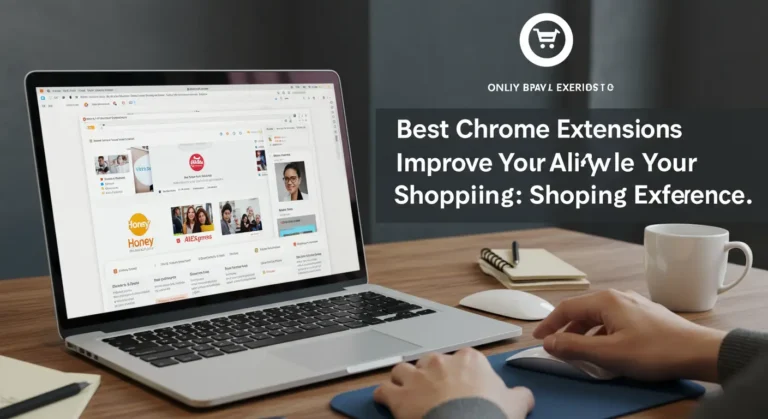 Browser window displaying AliExpress, highlighted by Chrome extension icons, shopping cart, discount tags, and user ratings, emphasising enhanced online shopping experience.