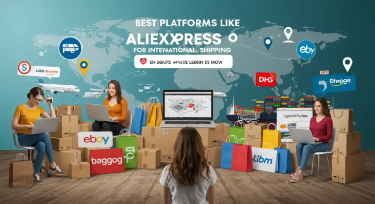 Online shoppers browsing international e-commerce platforms similar to AliExpress on laptops and smartphones, exploring global shipping options and diverse product selections.