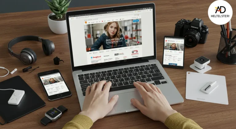 Variety of electronics and gadgets displayed on laptops and smartphones, showcasing alternative online shopping websites to AliExpress for tech enthusiasts in the UK.