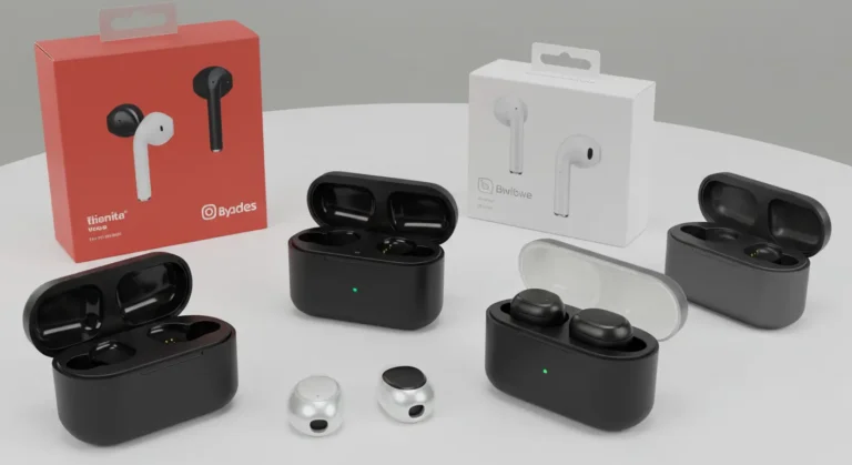 Top-rated wireless earbuds from AliExpress displayed alongside smartphones and shopping carts, highlighting online shopping convenience and customer satisfaction through high product ratings.