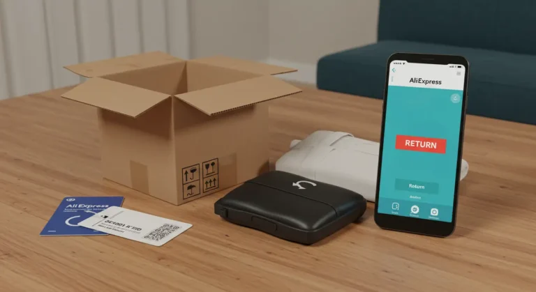 AliExpress parcel being opened, original packaging discarded; concerned shopper wonders about returning items without packaging, highlighting online shopping return policy uncertainty.