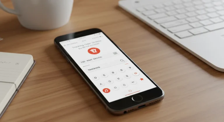 Mobile phone displaying AliExpress tracking page, with order details and shipping status, highlighting the use of a phone number for online order tracking.