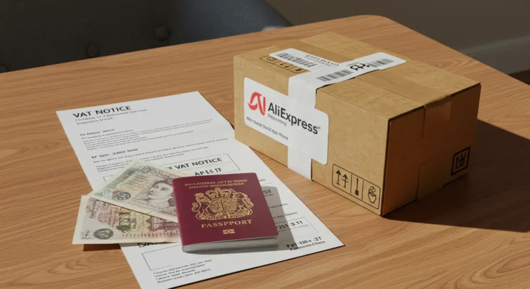 Online shopper browsing Aliexpress on laptop, comparing product prices and VAT charges for small value orders delivered to the UK, questioning cost savings.