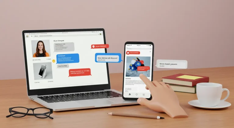 Two people chat online, negotiating prices for products on AliExpress, with shopping carts and discount tags highlighting online shopping and bargaining.