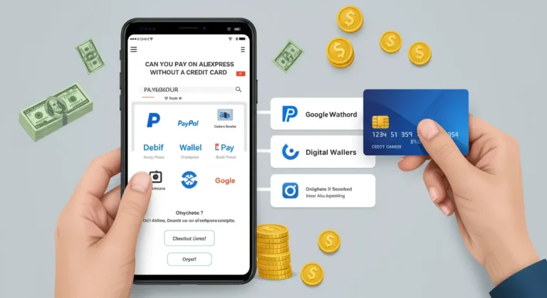 Various online payment icons, smartphone displaying AliExpress app, shopping cart, and digital wallet symbol highlighting alternative payment options beyond credit cards.