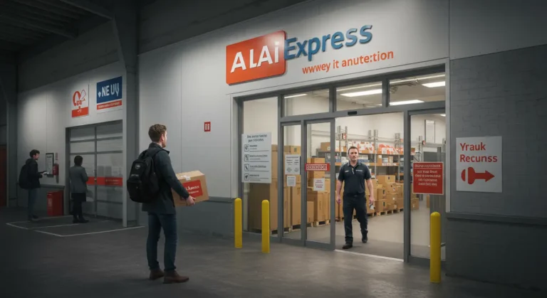AliExpress parcel being prepared for return in the UK, with warehouse in background, highlighting online shopping and return process for UK customers.