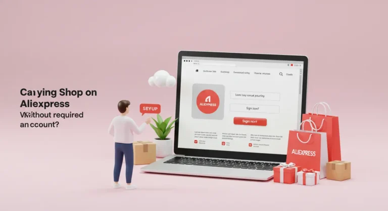 Online shopper browsing AliExpress website, questioning account login requirement before checkout; digital shopping cart and account sign-in prompt visible on laptop screen.