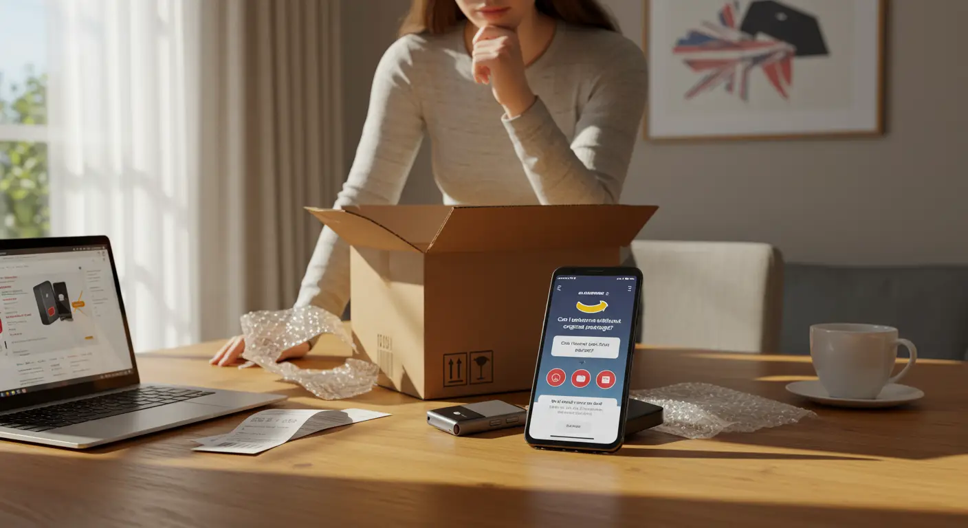Close-up of a person holding an opened parcel with Aliexpress-branded packaging, inspecting an item and its torn original box, emphasising questions about returning items without original packaging.