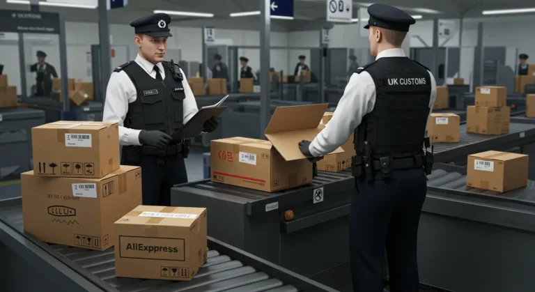 AliExpress parcels with UK customs inspection tape, highlighting online shopping orders being checked for import duties and possible delays at UK border.