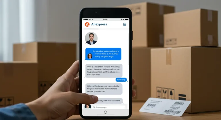 Person holding a returned parcel with AliExpress logo, questioning return policy while shopping online on a laptop, surrounded by various purchased items.