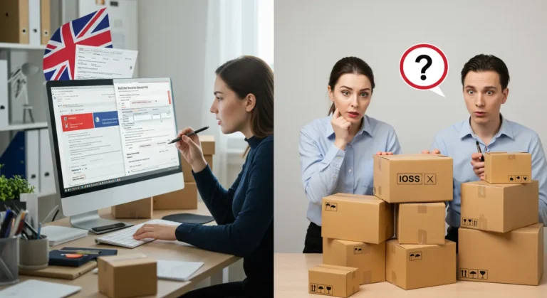 Laptop screen displaying Aliexpress, UK flag icon, IOSS tax label, shopping cart, and confused shopper questioning online order tax process for UK deliveries.