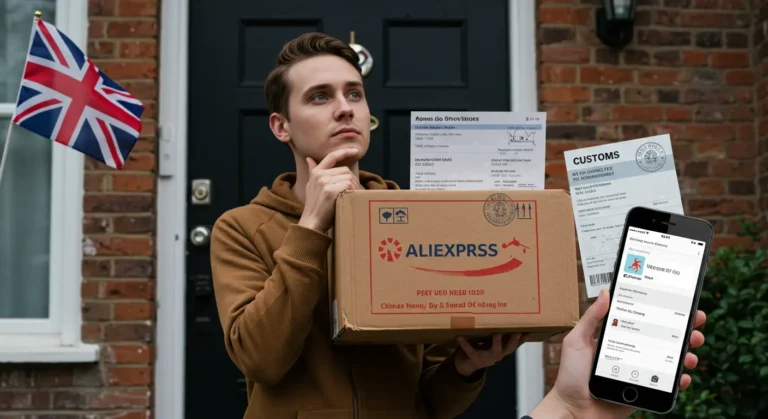 Laptop screen displaying AliExpress website, UK flag, shopping cart with parcels, and customs fee symbol, highlighting online shopping and import charges to the UK.