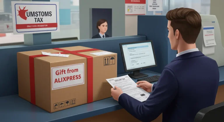 Parcel from AliExpress labelled 'gift' being inspected by customs officer, highlighting import tax concerns for online shoppers in the UK receiving international packages.