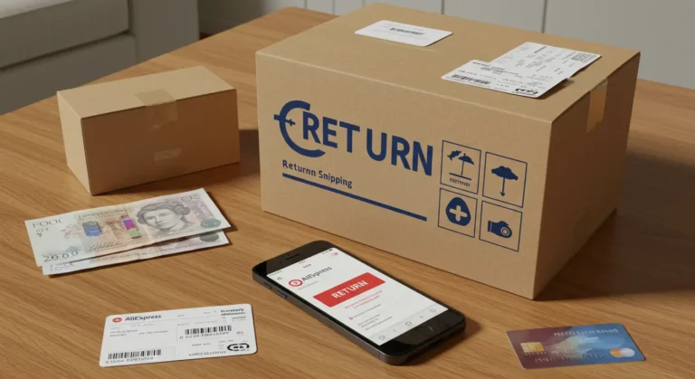 A shopper prepares a parcel for return, checking Aliexpress return policy on a laptop, highlighting UK return shipping costs for online purchases.