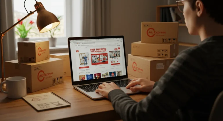 Does Aliexpress Offer Free Shipping to UK? A digital shopping cart on a screen, with UK flag and free shipping icons, symbolising Aliexpress online shopping and delivery options to the UK.