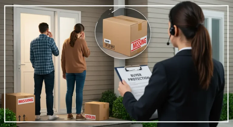 A worried online shopper checks a tracking app, with a missing package icon and a shield symbol representing buyer protection against lost or stolen deliveries.