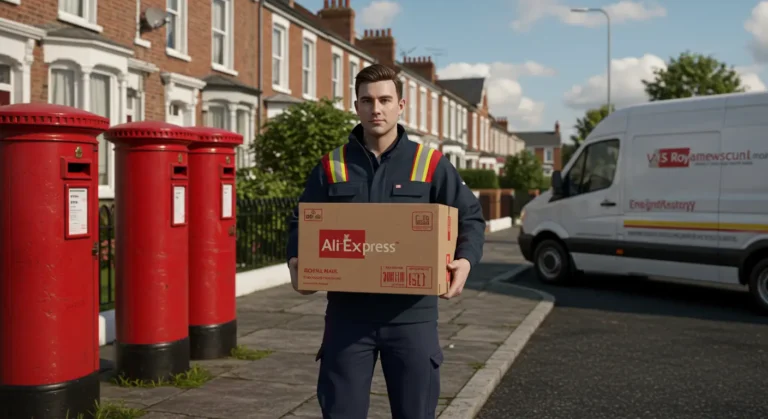 Royal Mail van delivers AliExpress parcels to UK homes, highlighting online shopping convenience and international package handling in the British postal system.